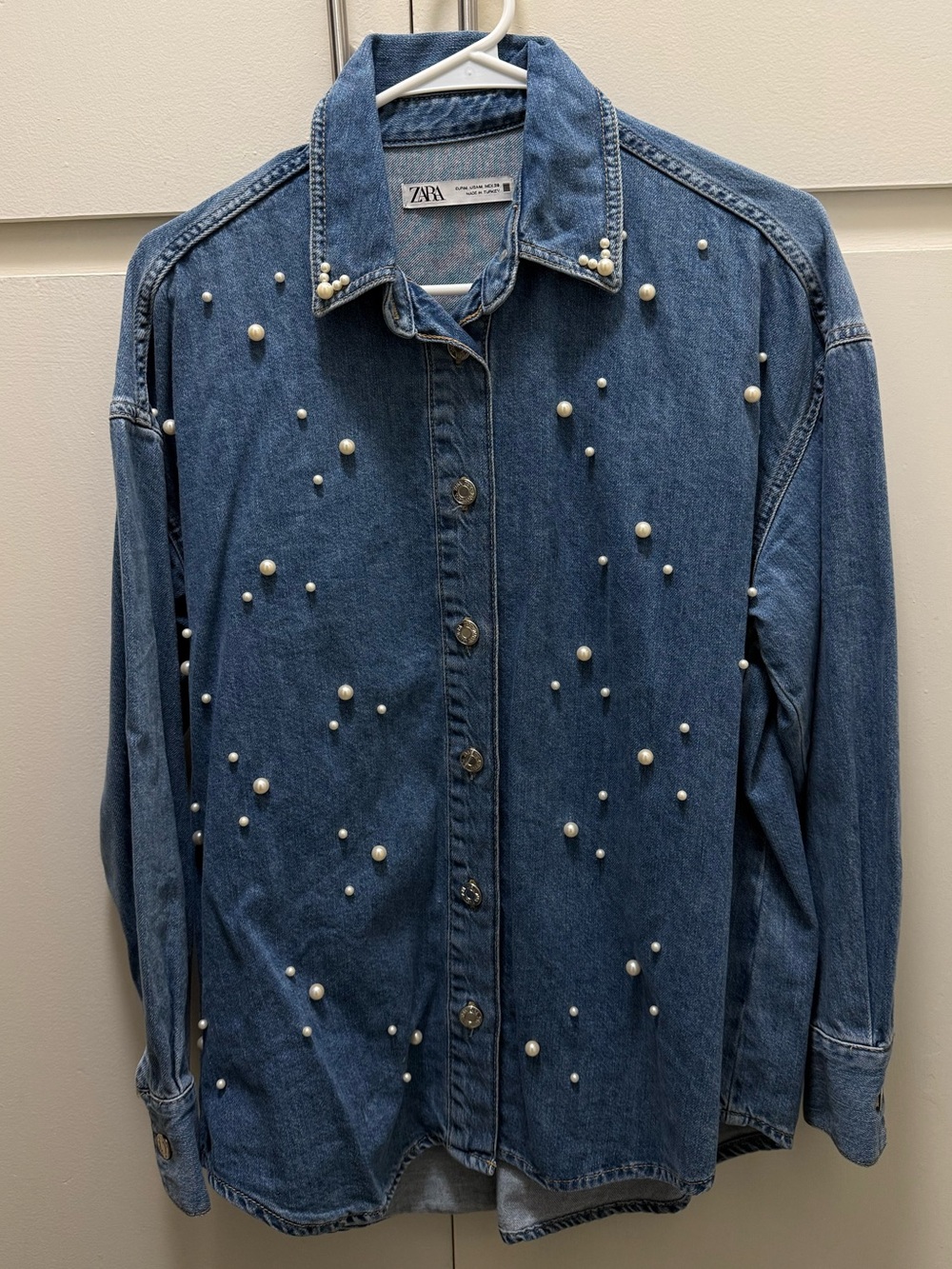 Zara blue denim shirt jacket with contrast stitching